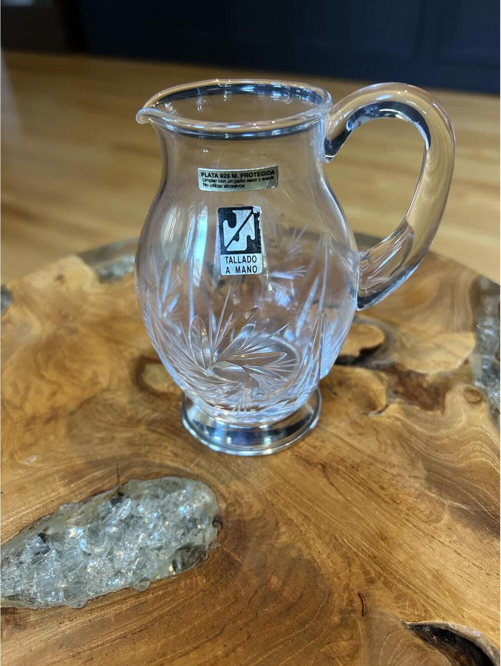 Small Hand-Cut Crystal Glass Pitcher with Silver-Plated Base